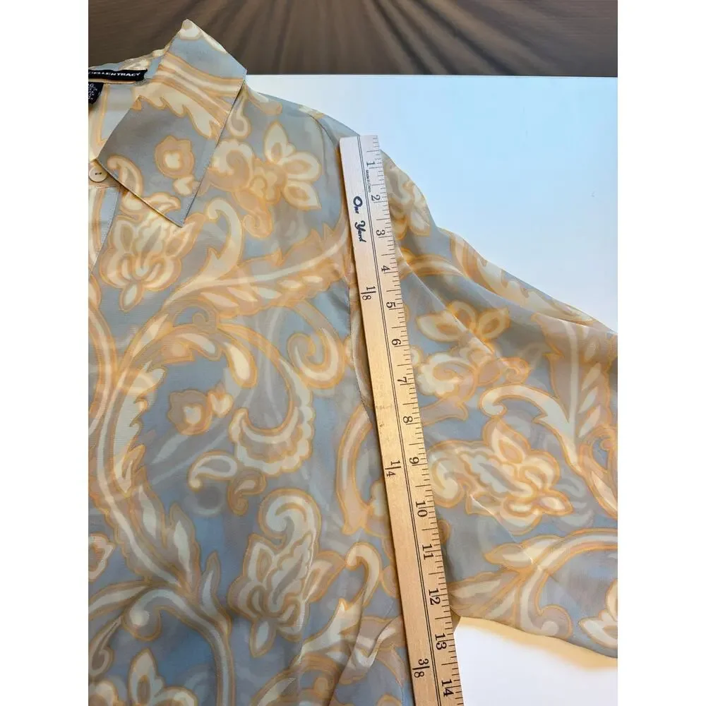 Ellen Tracy 100% Silk Blouse Womens 16 Sage Blue Baroque Button Front Classic - Picture 11 of 12